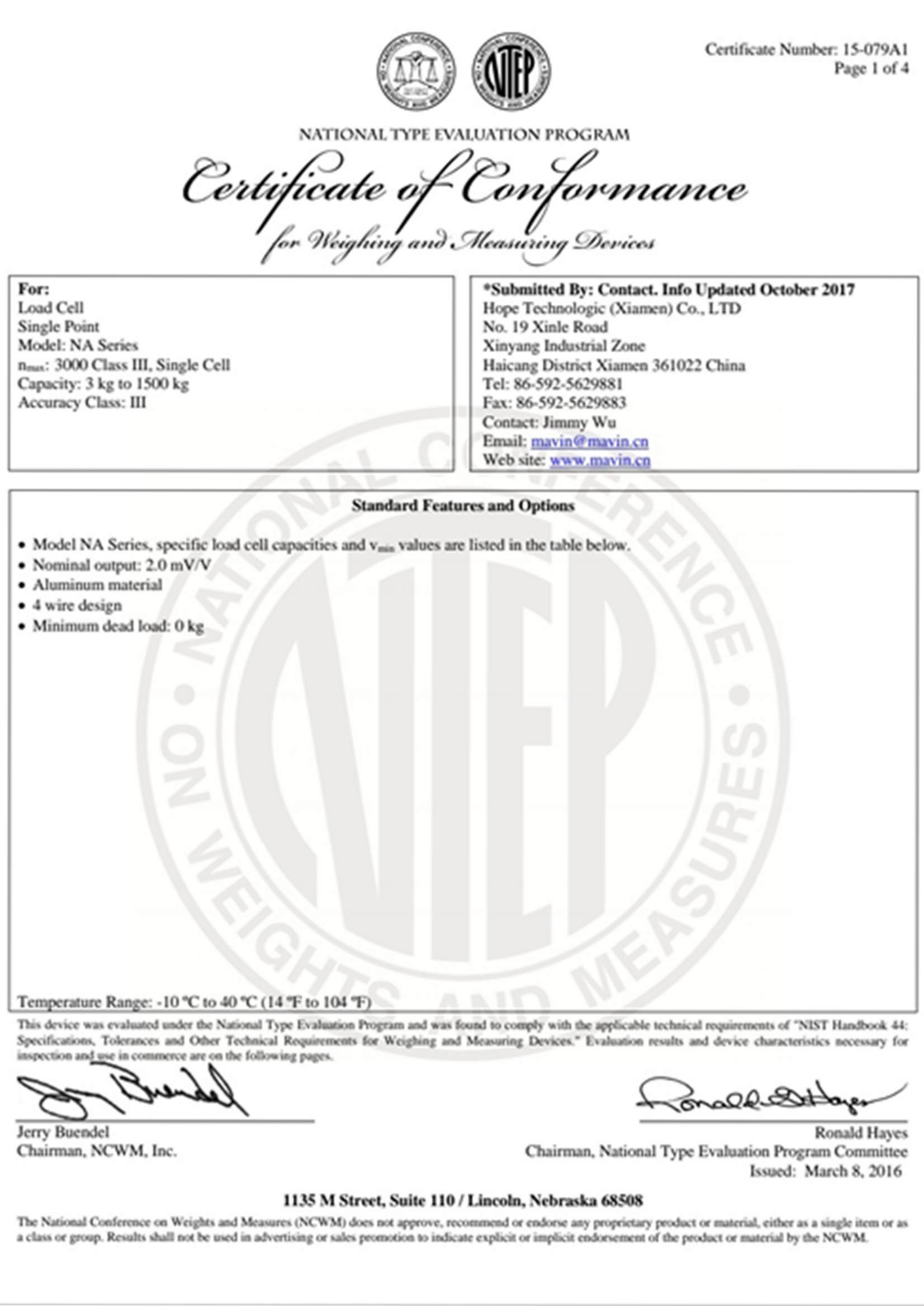 NA系列 NTEP Certificate