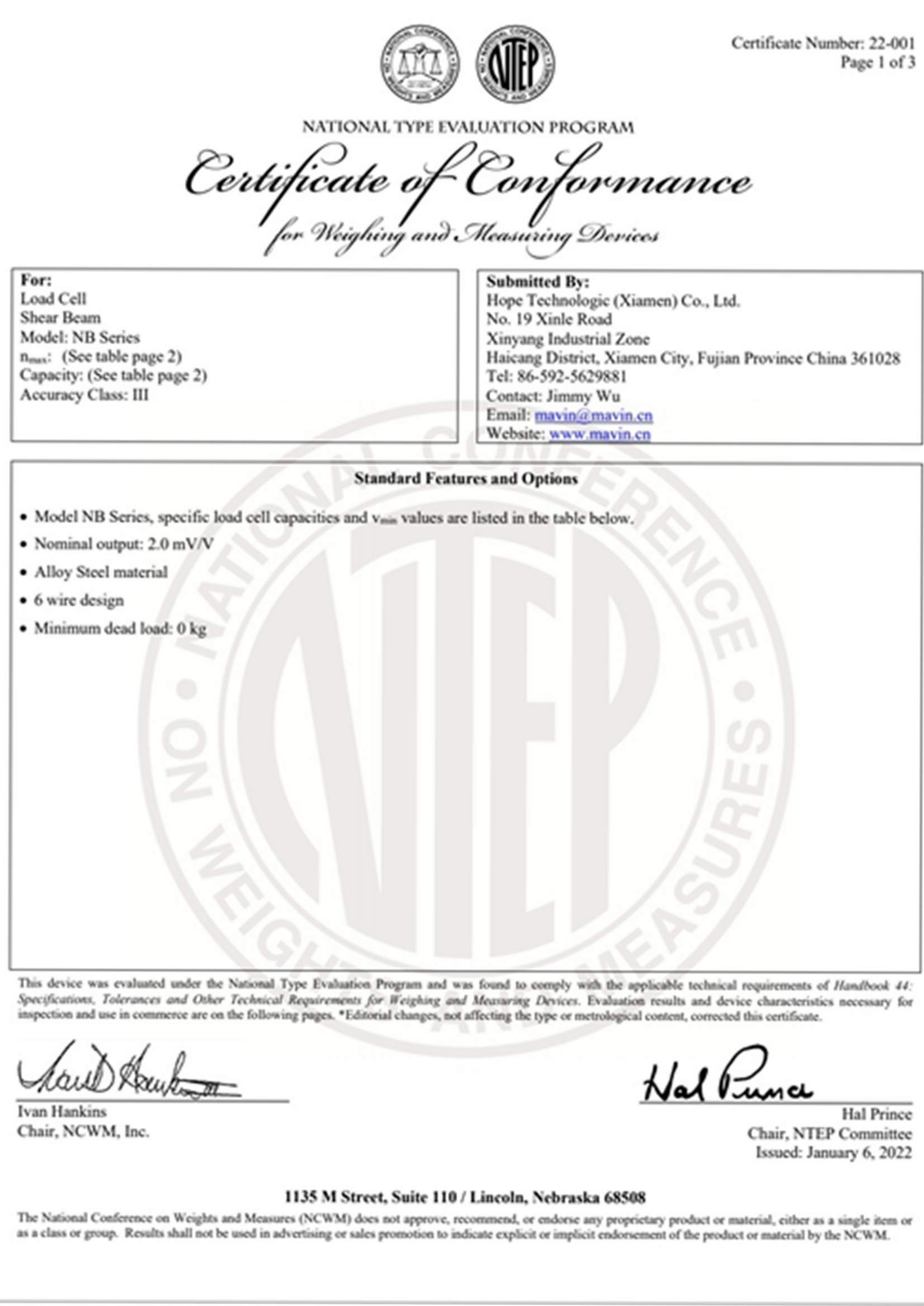 NB系列 NTEP Certificate